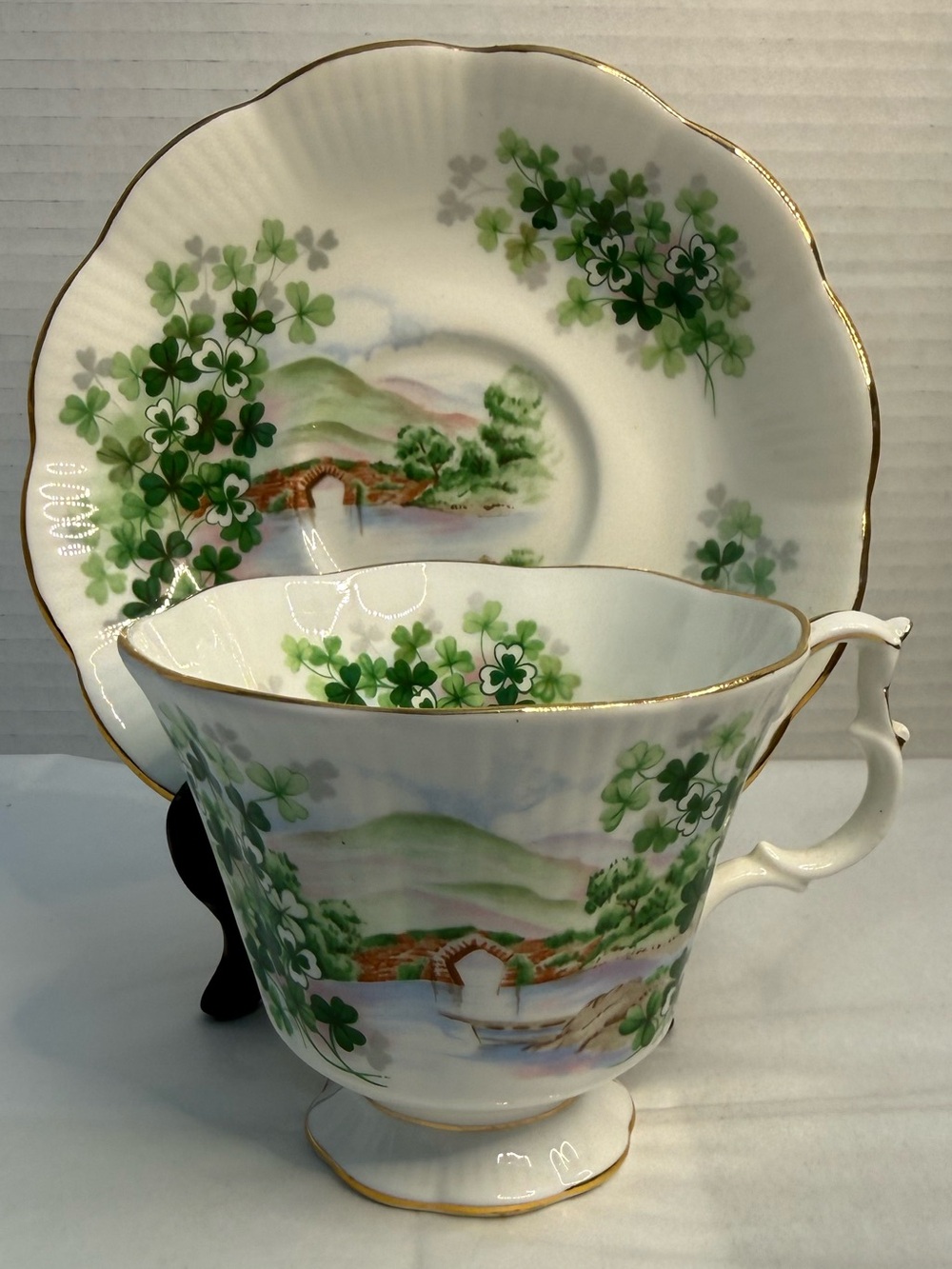 Royal Albert White Tea Set w/Green Clover Motif Shamrock "Emerald Isle" Vintage